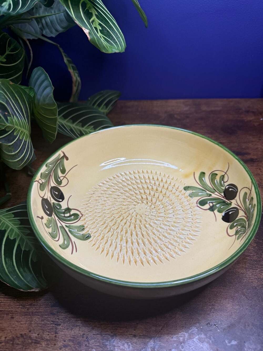 Ceramica De España Large Ceramic Garlic Grater Rasp Bowl Classic Olive Pattern